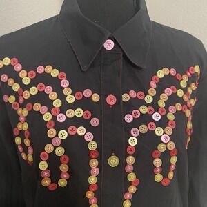 BOB MACKIE Wearable Art Womens‎ Sz M Black Embellished Button Up Shirt Buttons